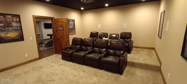 cinema room with recessed lighting, carpet flooring, and baseboards
