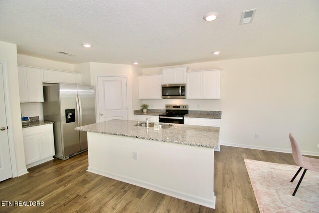 2141 Glen Crk, Knoxville, TN 37924 - kitchen featuring dark wood finished floors, visible vents, white cabinets, appliances with stainless steel finishes, and a center island with sink