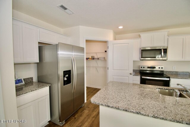 2141 Glen Crk, Knoxville, TN 37924 - kitchen featuring white cabinets, visible vents, appliances with stainless steel finishes, a sink, and dark wood-style floors
