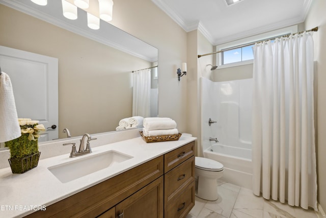 full bathroom with crown molding, vanity, toilet, marble finish floor, and shower / tub combo with curtain
