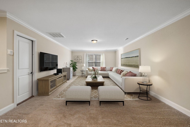 living room with crown molding, light colored carpet, baseboards, and visible vents