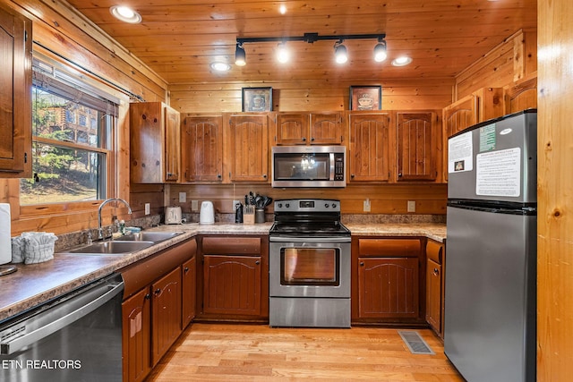 kitchen with a sink, light wood-type flooring, wood ceiling, stainless steel appliances, and rail lighting