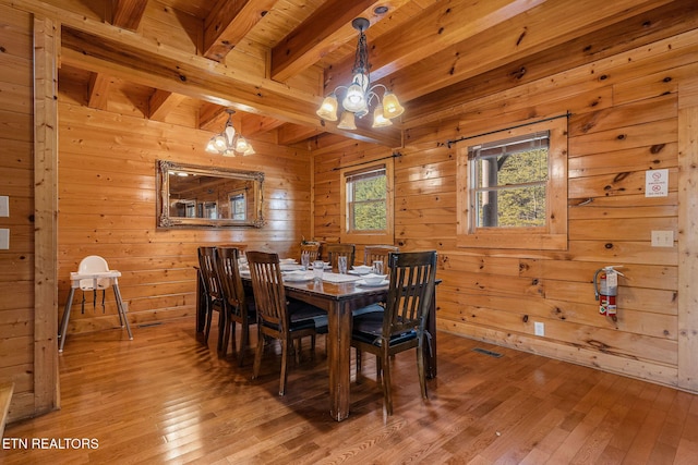 dining area featuring light wood-type flooring, visible vents, a chandelier, wooden walls, and beam ceiling
