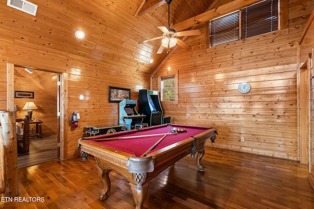 game room featuring visible vents, a ceiling fan, wood ceiling, wooden walls, and pool table