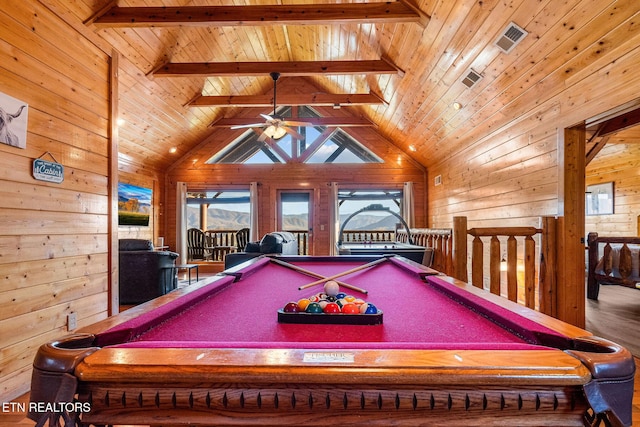 game room featuring wooden walls, lofted ceiling with beams, billiards, and visible vents