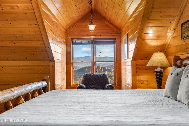 bedroom with wooden walls, wooden ceiling, and vaulted ceiling