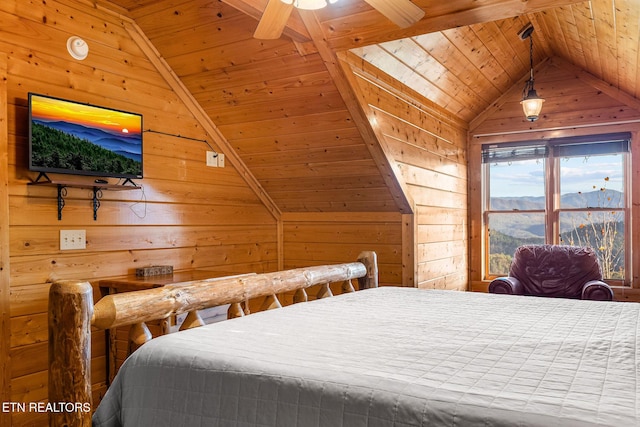 bedroom featuring wooden walls, wood ceiling, and lofted ceiling