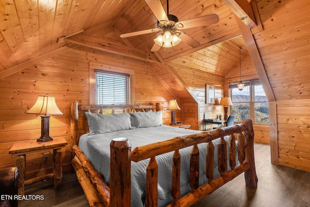 bedroom with wooden ceiling, wooden walls, and multiple windows