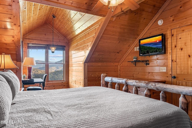 bedroom featuring wooden walls, wood ceiling, and lofted ceiling