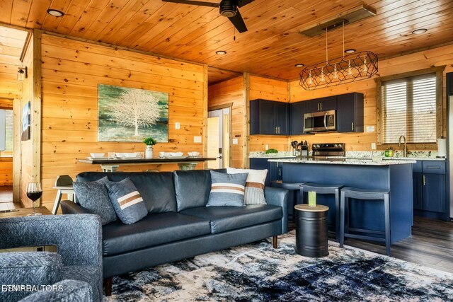 4164 Chamberlain Ln, Sevierville, TN 37862 - living area with wood finished floors, wood walls, ceiling fan, and wooden ceiling