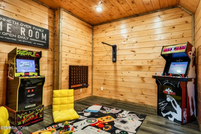 4164 Chamberlain Ln, Sevierville, TN 37862 - playroom featuring wood ceiling, wood finished floors, wooden walls, and recessed lighting
