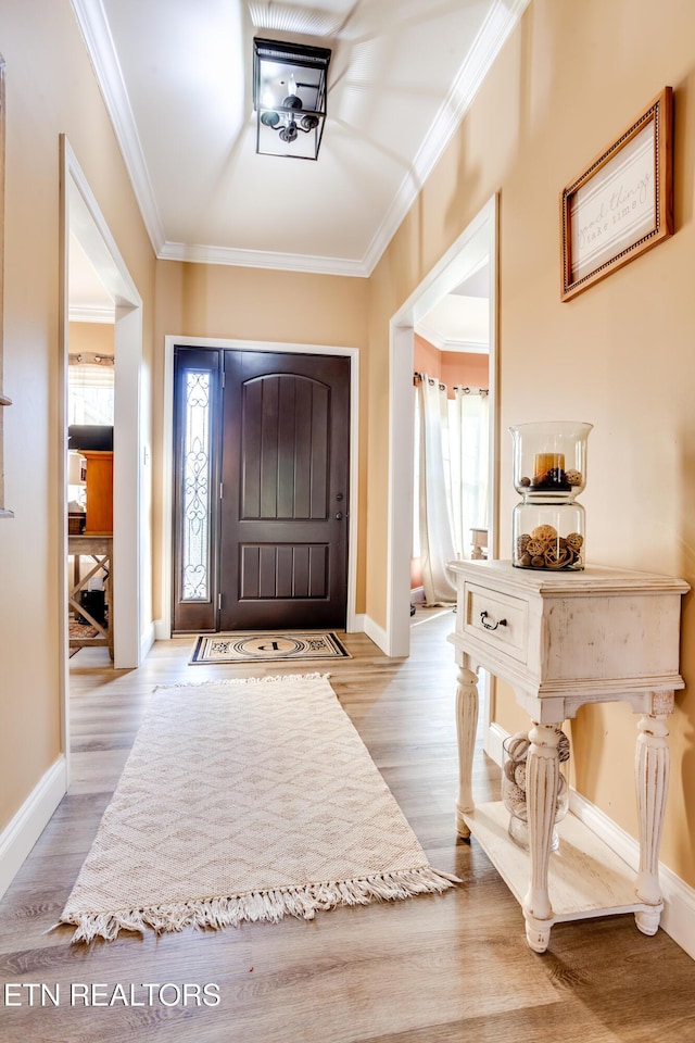 entryway with crown molding, baseboards, and wood finished floors