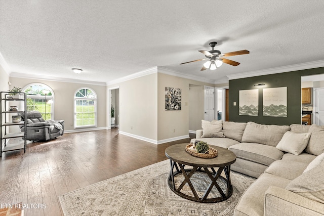 living area with crown molding, a ceiling fan, a textured ceiling, and wood finished floors
