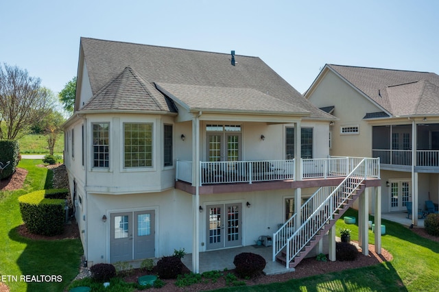 989 Rarity Bay Pkwy, Vonore, TN 37885 - rear view of property featuring a patio area, french doors, a yard, stucco siding, and stairs
