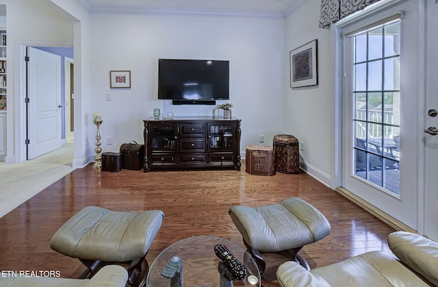 989 Rarity Bay Pkwy, Vonore, TN 37885 - living area featuring wood finished floors, baseboards, and ornamental molding