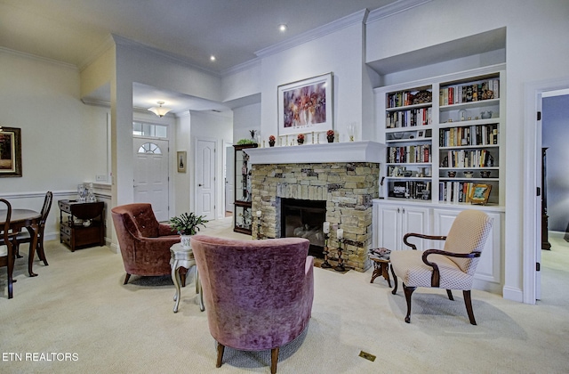 989 Rarity Bay Pkwy, Vonore, TN 37885 - carpeted living room with baseboards, crown molding, a stone fireplace, and recessed lighting