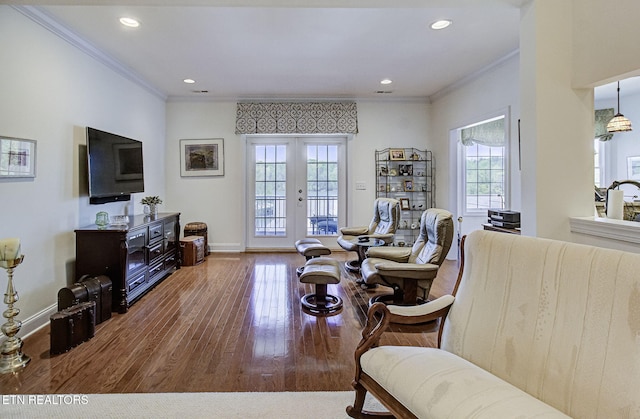 989 Rarity Bay Pkwy, Vonore, TN 37885 - living room with wood finished floors, baseboards, ornamental molding, and french doors