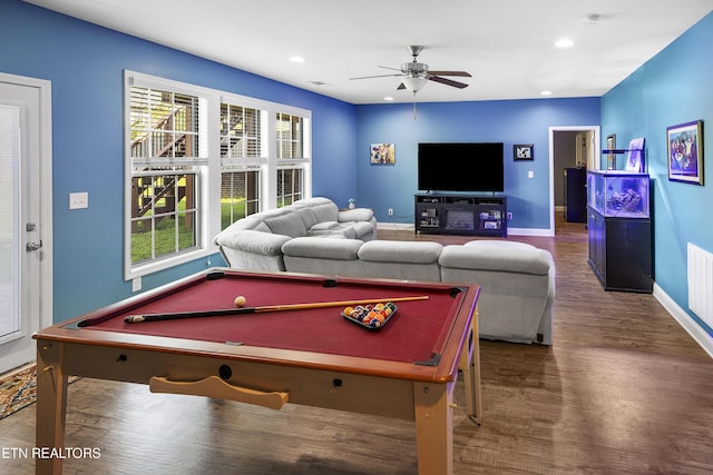 recreation room featuring billiards, baseboards, a ceiling fan, and wood finished floors