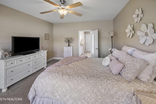 bedroom with dark colored carpet, a ceiling fan, and baseboards