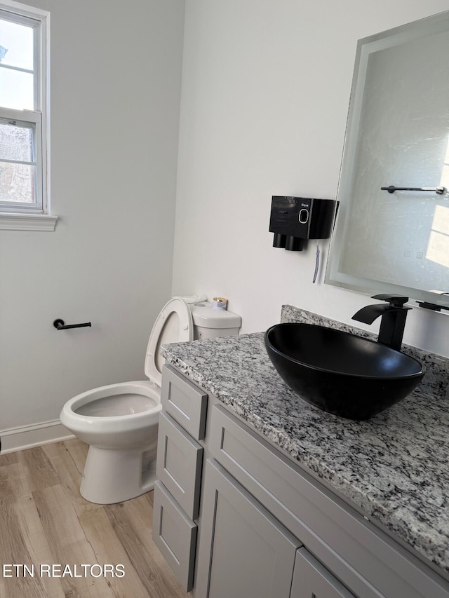 bathroom featuring vanity, baseboards, toilet, and wood finished floors