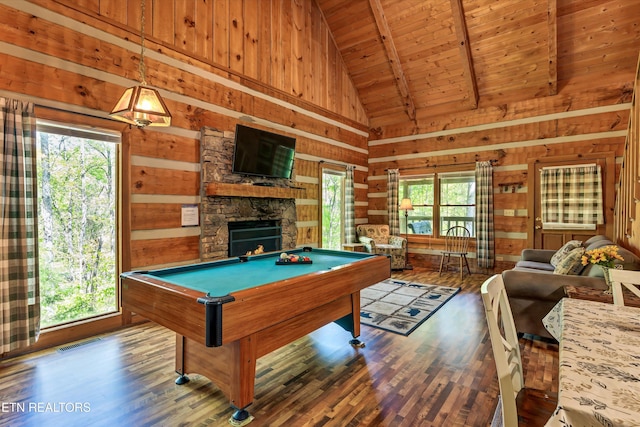 2580 Black Bear Ln, Sevierville, TN 37876 - playroom with wooden walls, wood finished floors, visible vents, pool table, and wood ceiling