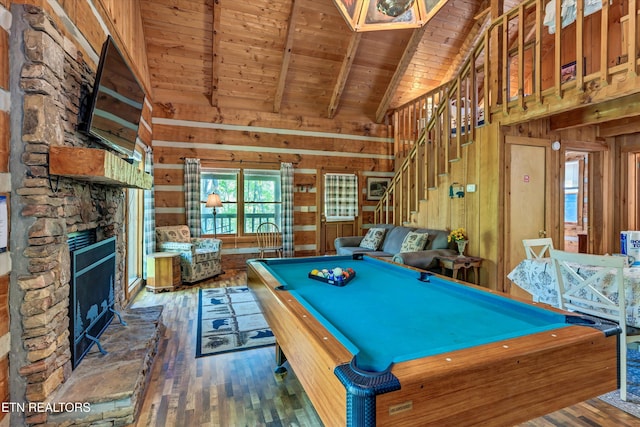 2580 Black Bear Ln, Sevierville, TN 37876 - rec room featuring beam ceiling, wood walls, wood ceiling, hardwood / wood-style flooring, and pool table