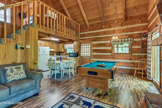 2580 Black Bear Ln, Sevierville, TN 37876 - game room with wood walls, billiards, wood finished floors, wooden ceiling, and beamed ceiling