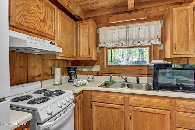 2580 Black Bear Ln, Sevierville, TN 37876 - kitchen featuring under cabinet range hood, light countertops, wooden ceiling, a sink, and electric range