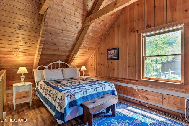 2580 Black Bear Ln, Sevierville, TN 37876 - bedroom featuring vaulted ceiling with beams, wood walls, wooden ceiling, and wood-type flooring