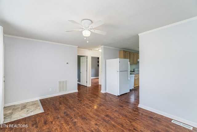 369 Robertsville Rd, Oak Ridge, TN 37830 - unfurnished living room featuring crown molding, a ceiling fan, dark wood-style flooring, and baseboards
