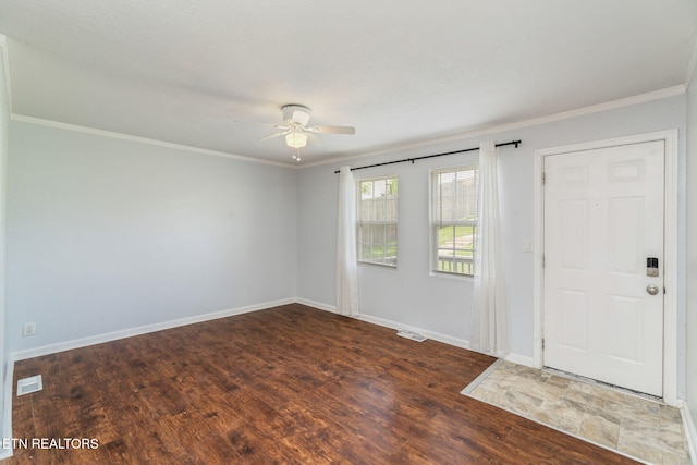 369 Robertsville Rd, Oak Ridge, TN 37830 - entrance foyer with a ceiling fan, wood finished floors, baseboards, and ornamental molding