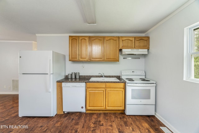 369 Robertsville Rd, Oak Ridge, TN 37830 - kitchen featuring white appliances, under cabinet range hood, crown molding, dark wood-style flooring, and a sink