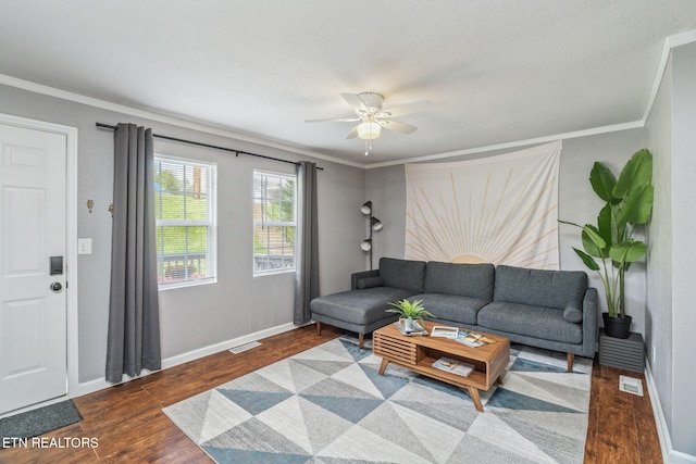 369 Robertsville Rd, Oak Ridge, TN 37830 - living area featuring crown molding, wood finished floors, a ceiling fan, and baseboards