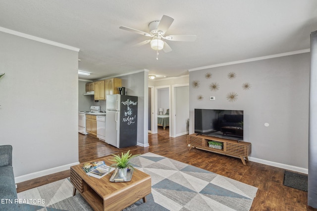 369 Robertsville Rd, Oak Ridge, TN 37830 - living room featuring ornamental molding, ceiling fan, dark wood finished floors, and baseboards
