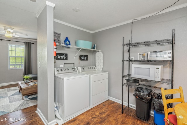 369 Robertsville Rd, Oak Ridge, TN 37830 - laundry area with separate washer and dryer, dark wood-type flooring, ceiling fan, crown molding, and baseboards