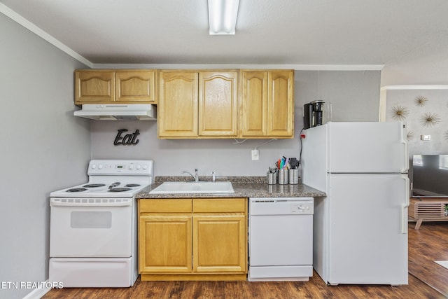 369 Robertsville Rd, Oak Ridge, TN 37830 - kitchen featuring white appliances, a sink, under cabinet range hood, ornamental molding, and dark wood-type flooring