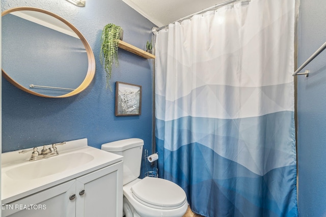 369 Robertsville Rd, Oak Ridge, TN 37830 - full bath with a textured wall, vanity, toilet, and a shower with shower curtain