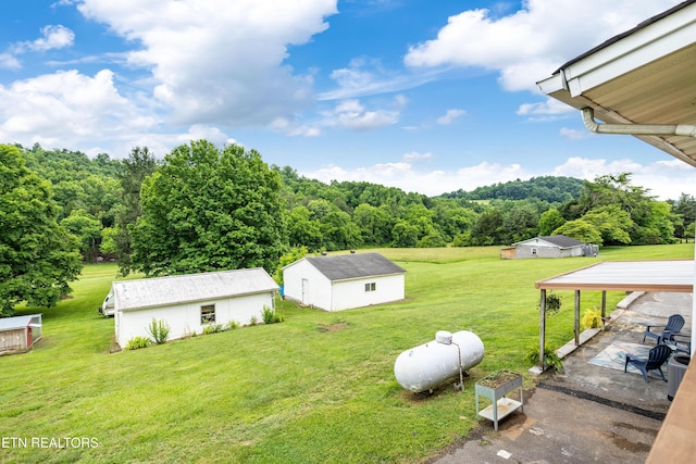 7324 Thorn Grove Pike, Knoxville, TN 37914 - view of green lawn with a patio area, an outdoor structure, a detached carport, and a forest view