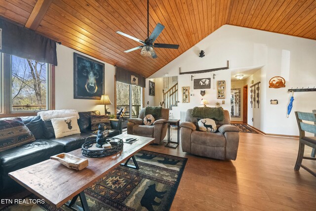 1348 N Baden Cir, Gatlinburg, TN 37738 - living room featuring a ceiling fan, wood finished floors, stairway, wooden ceiling, and high vaulted ceiling