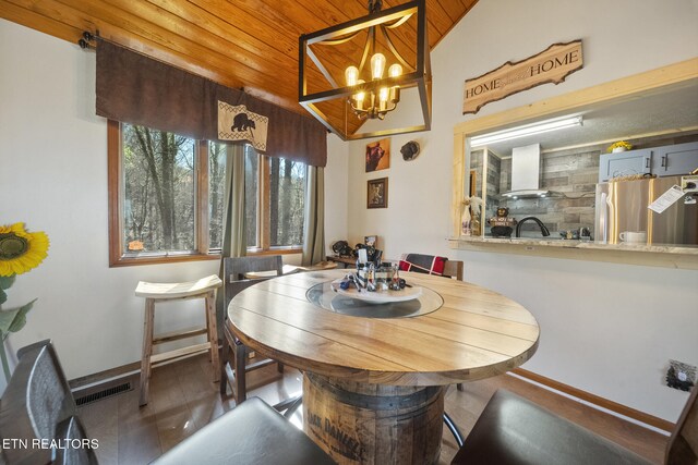 1348 N Baden Cir, Gatlinburg, TN 37738 - dining space with wood ceiling, baseboards, a notable chandelier, and visible vents