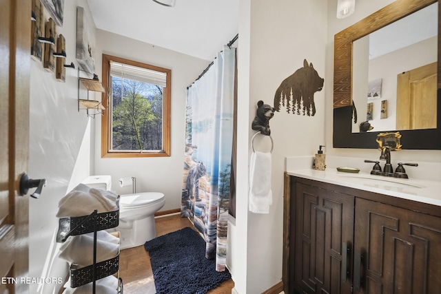 1348 N Baden Cir, Gatlinburg, TN 37738 - full bath with toilet, baseboards, wood finished floors, curtained shower, and vanity