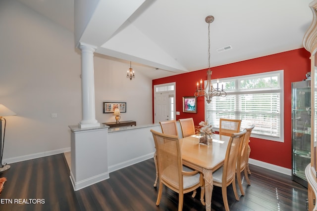 169 Dudi Trl, Vonore, TN 37885 - dining space featuring wood finished floors, an inviting chandelier, lofted ceiling, visible vents, and ornate columns