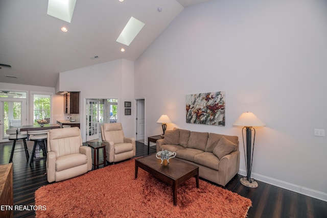 169 Dudi Trl, Vonore, TN 37885 - living room with recessed lighting, dark wood finished floors, a skylight, baseboards, and high vaulted ceiling