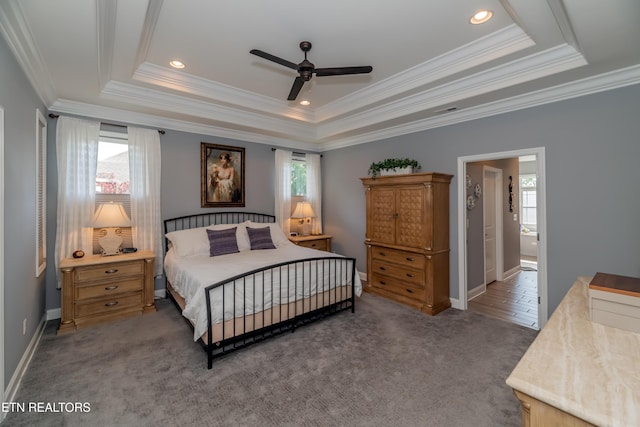169 Dudi Trl, Vonore, TN 37885 - carpeted bedroom featuring a tray ceiling, ornamental molding, and multiple windows