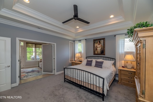 169 Dudi Trl, Vonore, TN 37885 - carpeted bedroom featuring crown molding, ceiling fan, a raised ceiling, baseboards, and recessed lighting