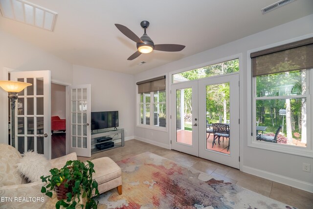 169 Dudi Trl, Vonore, TN 37885 - tiled living room featuring baseboards, a ceiling fan, french doors, and visible vents