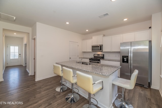 2740 Red Barn Rd, Knoxville, TN 37931 - kitchen featuring an island with sink, white cabinetry, visible vents, appliances with stainless steel finishes, and a sink