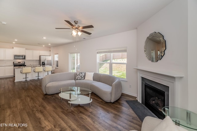 2740 Red Barn Rd, Knoxville, TN 37931 - living area with recessed lighting, a fireplace, dark wood-style floors, and ceiling fan