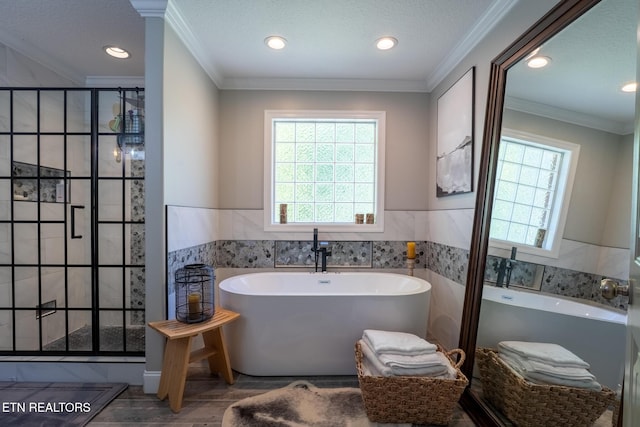 full bathroom featuring a freestanding tub, wood finished floors, a wealth of natural light, and a wainscoted wall