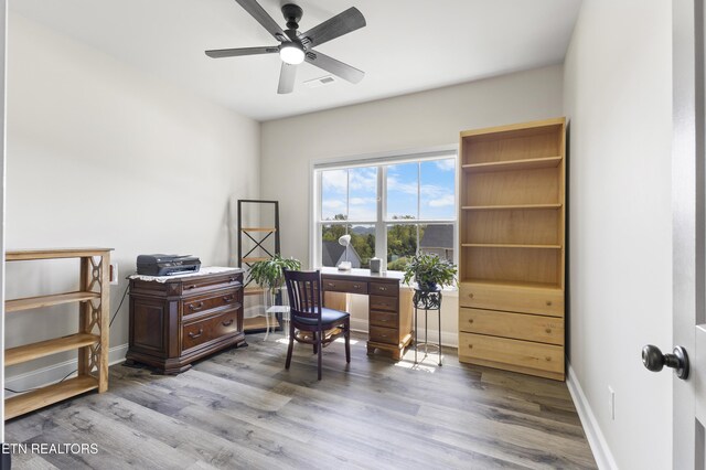2718 Vista Meadows Ln, Sevierville, TN 37876 - home office featuring visible vents, baseboards, ceiling fan, and wood finished floors